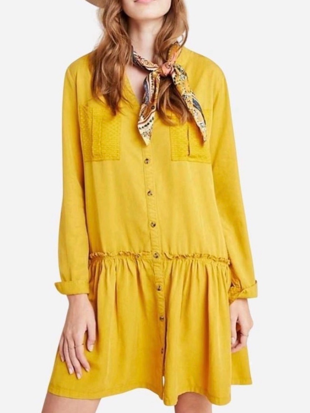 Anthropologie Mustard Button-Front Long-Sleeve Tiered Dress